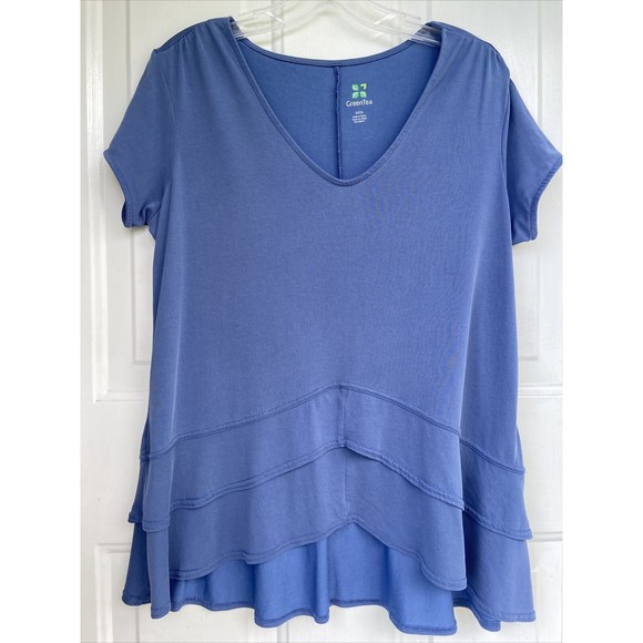 Green Tea Asymmetrical Blue Top Ruffle Tiered Small Oversized Stretch - Picture 2 of 10